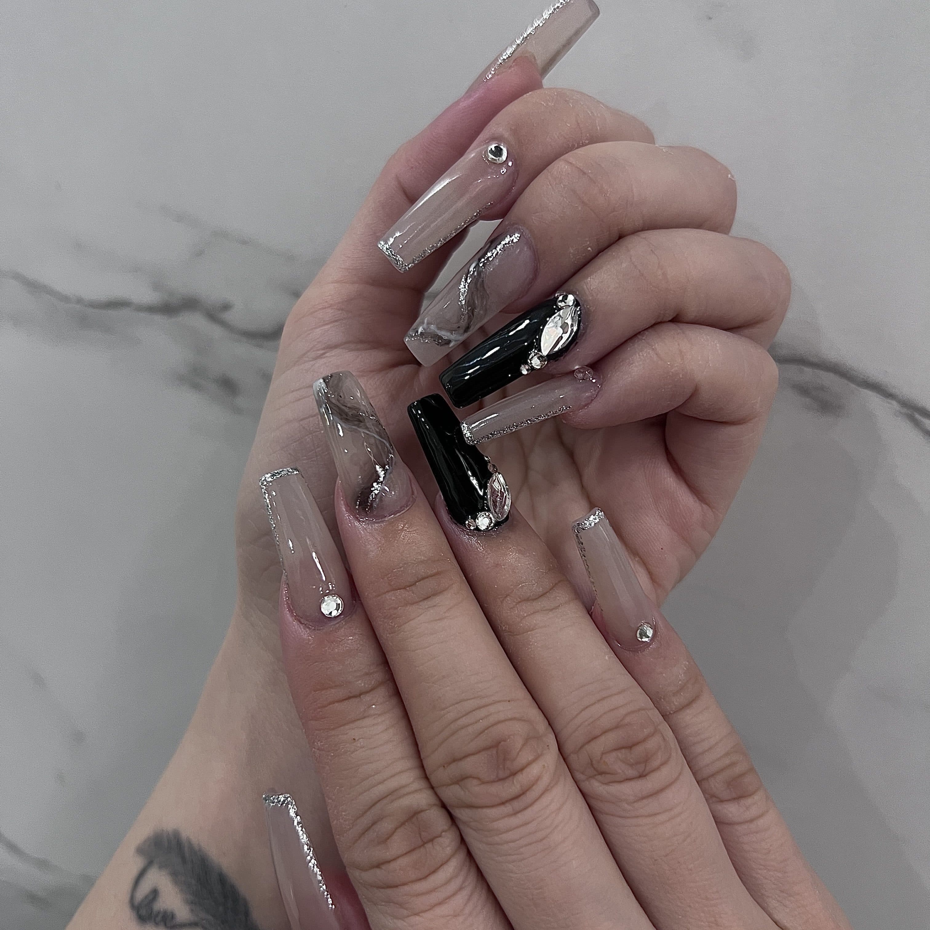 Chrome rhinestone nail art from JOVIAL BEAUTY