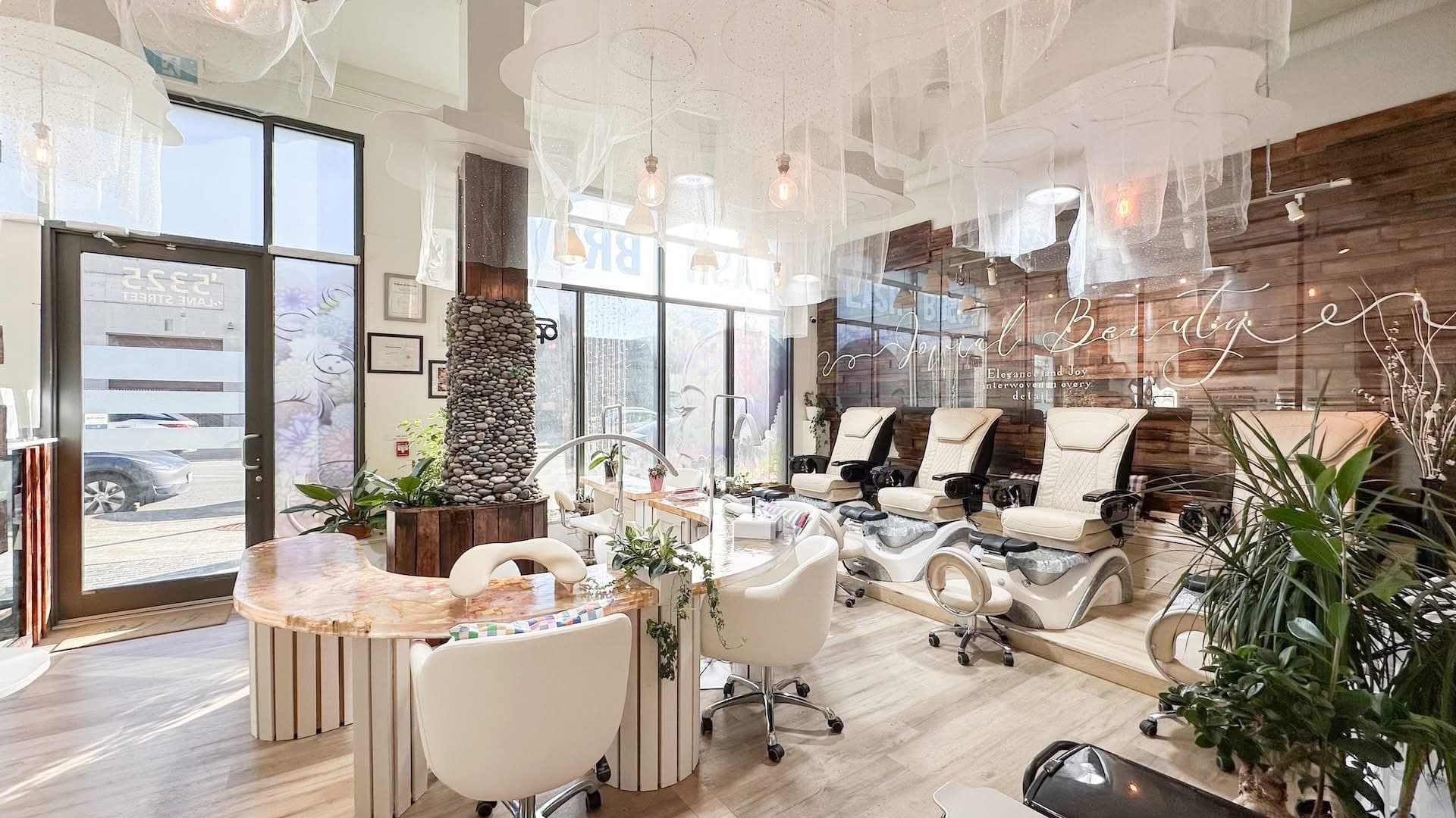 Elegant pedicure and manicure stations inside JOVIAL BEAUTY